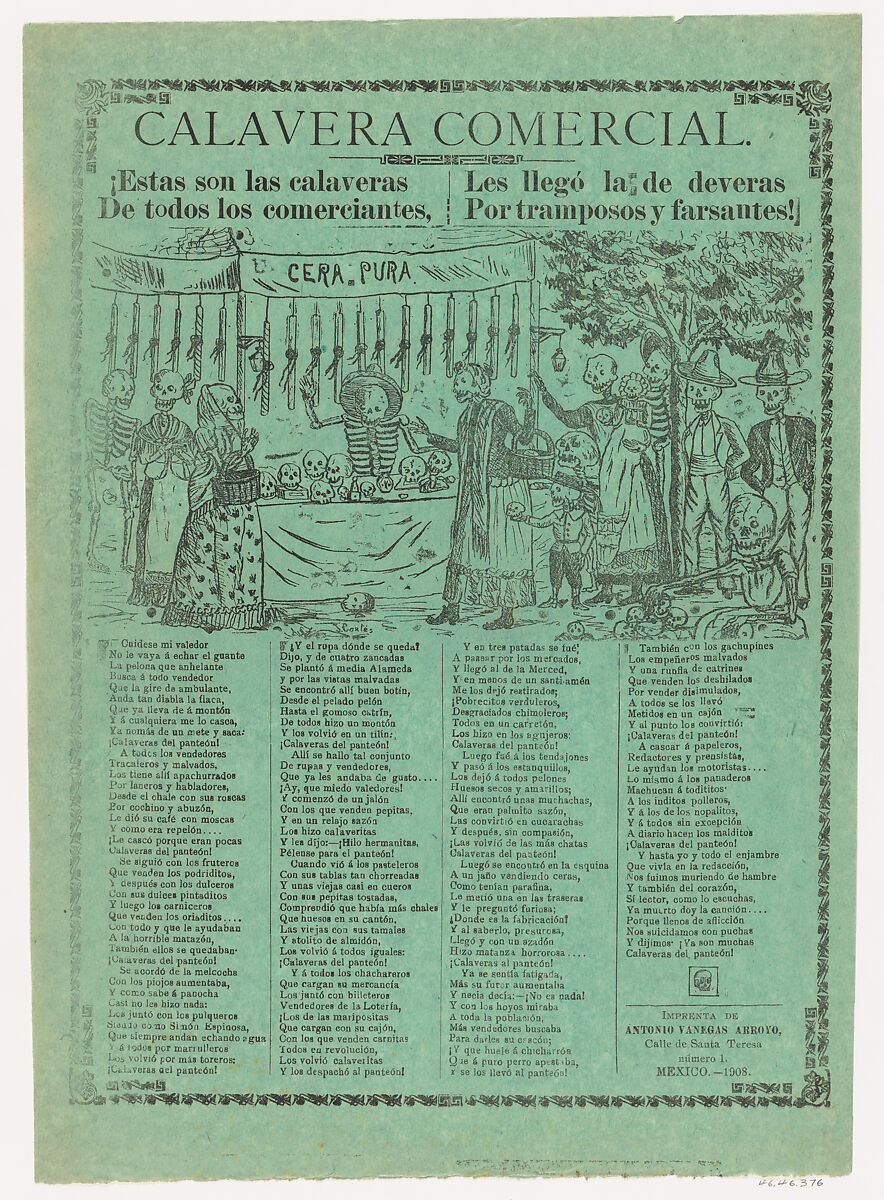 Broadsheet relating to commerical/business skeletons (Calavera Comercial) and charlatanism, many skeletons gather around a candle vendor, J. Cortés (Mexican, active ca. 1900–1910), Photorelief and letterpress on green paper 