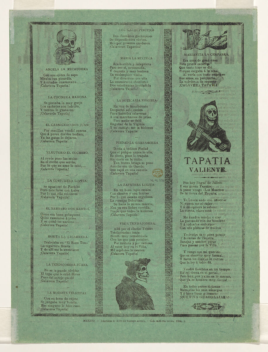Broadsheet relating to the skeleton from Guadalajara, Manuel Manilla (Mexican, Mexico City ca. 1830–1895 Mexico City), Type-metal engraving and letterpress on green paper