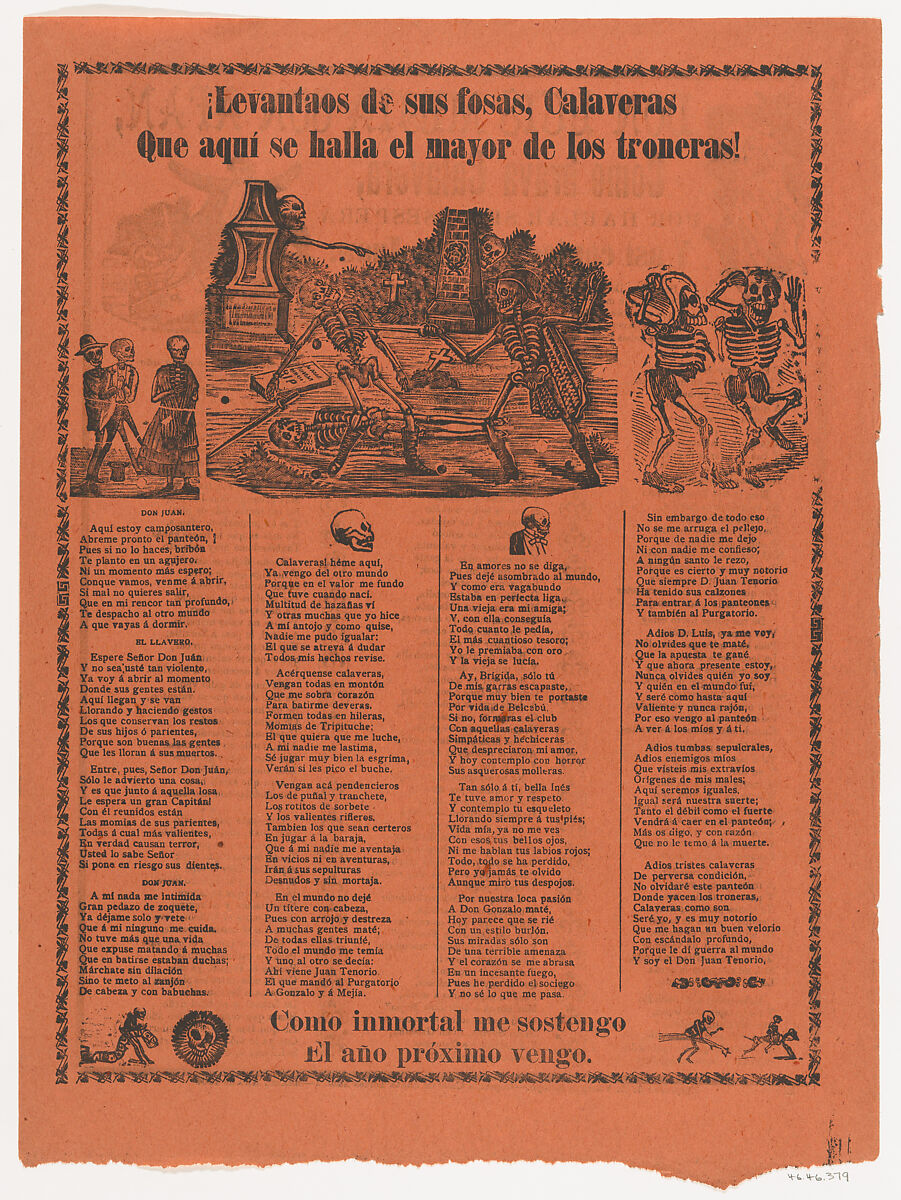 Broadsheet relating to skeletons rising from their graves, two skeletons duelling with swords, José Guadalupe Posada (Mexican, Aguascalientes 1852–1913 Mexico City), Type-metal engraving and letterpress on orange paper 