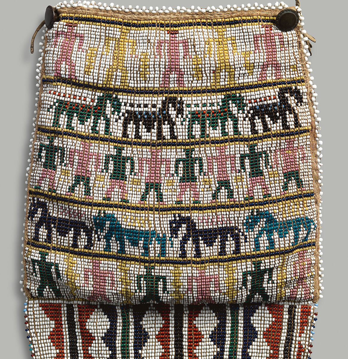 Beaded Bag, Tanned leather, cordage, glass beads, brass beads, and commercial brass buttons, Wasco, Native American