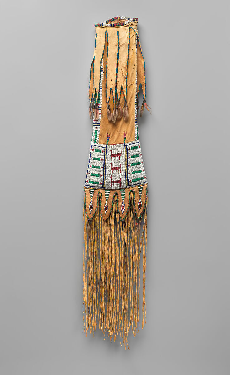 Tobacco bag, Tanned leather, pigment, glass beads, metal cones, and horsehair, Southern Cheyenne, Native American 