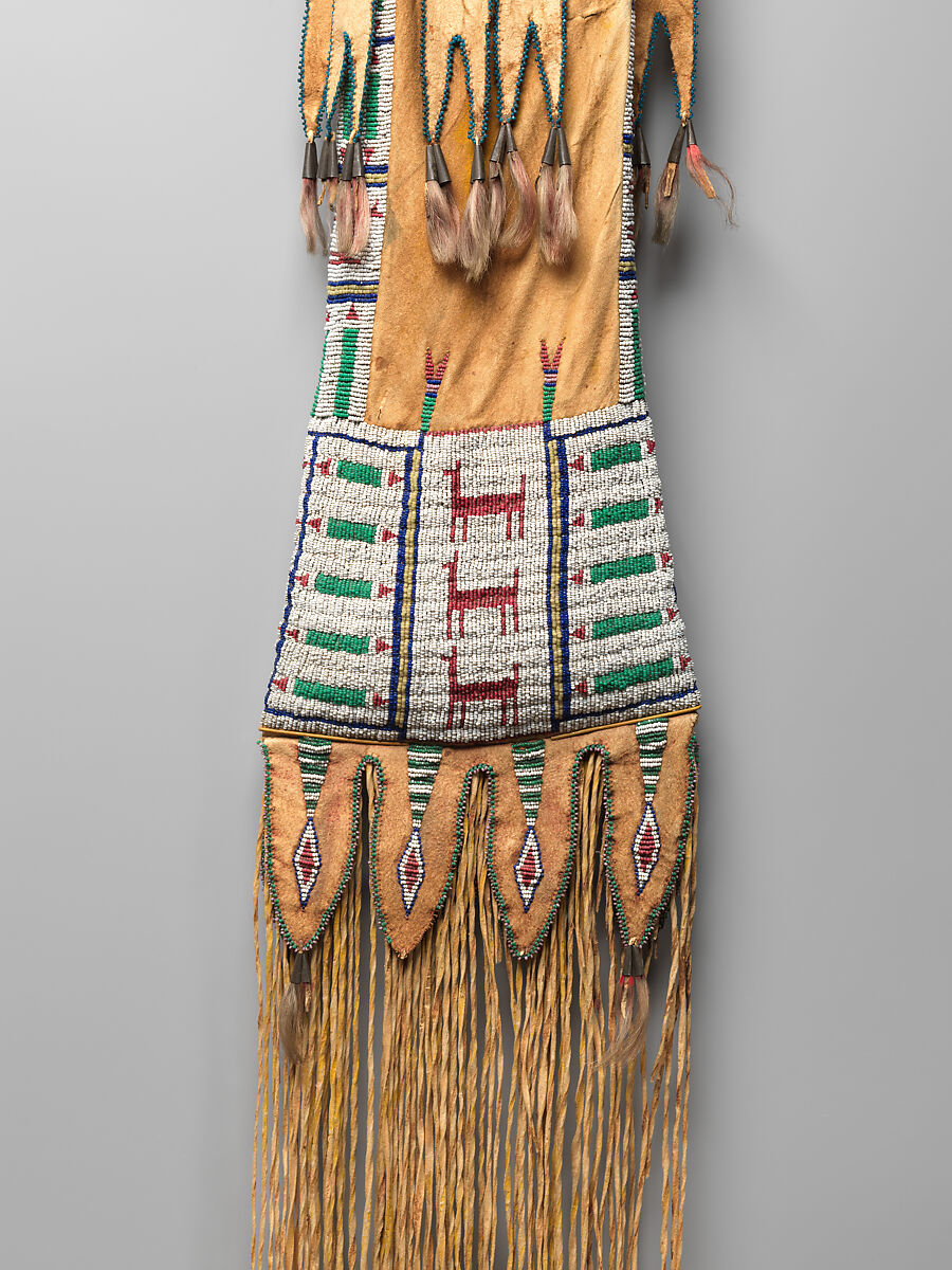 Tobacco bag, Tanned leather, pigment, glass beads, metal cones, and horsehair, Southern Cheyenne, Native American