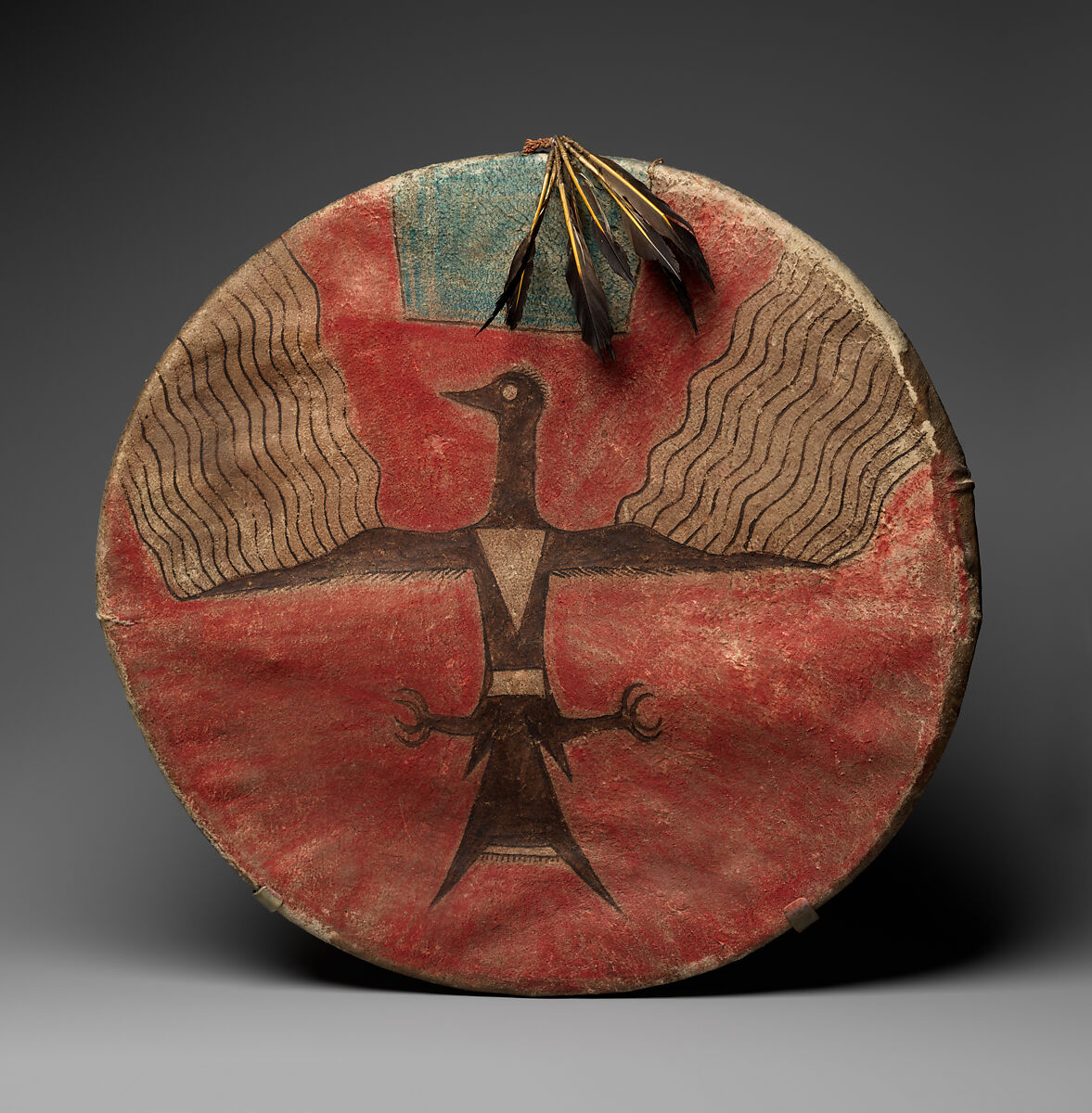 Shield, He Nupa Wanica/ Joseph No Two Horns (Hunkpapa Lakota/ Teton Sioux, 1852–1942), Tanned leather, pigment, wood, and feathers, Hunkpapa Lakota/ Teton Sioux, Native American 