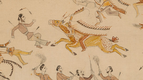 The Battle of the Little Bighorn, Standing Bear/ Mató Nájin (Minneconjou Lakota/Teton Sioux, 1859–1933), Pencil, ink, and watercolor on muslin, Minneconjou Lakota/ Teton Sioux, Native American