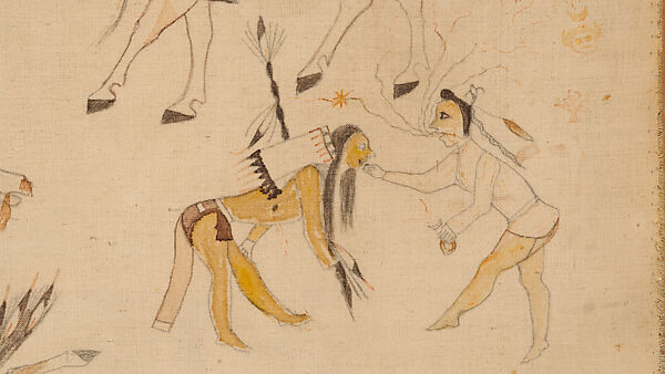 The Battle of the Little Bighorn, Standing Bear/ Mató Nájin (Minneconjou Lakota/Teton Sioux, 1859–1933), Pencil, ink, and watercolor on muslin, Minneconjou Lakota/ Teton Sioux, Native American