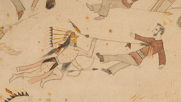 The Battle of the Little Bighorn, Standing Bear/ Mató Nájin (Minneconjou Lakota/Teton Sioux, 1859–1933), Pencil, ink, and watercolor on muslin, Minneconjou Lakota/ Teton Sioux, Native American