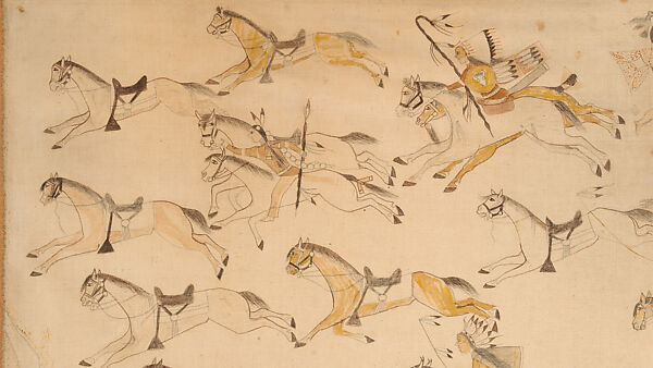 The Battle of the Little Bighorn, Standing Bear/ Mató Nájin (Minneconjou Lakota/Teton Sioux, 1859–1933), Pencil, ink, and watercolor on muslin, Minneconjou Lakota/ Teton Sioux, Native American