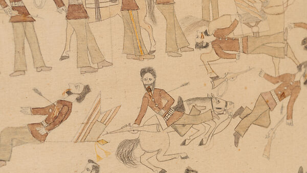 The Battle of the Little Bighorn, Standing Bear/ Mató Nájin (Minneconjou Lakota/Teton Sioux, 1859–1933), Pencil, ink, and watercolor on muslin, Minneconjou Lakota/ Teton Sioux, Native American