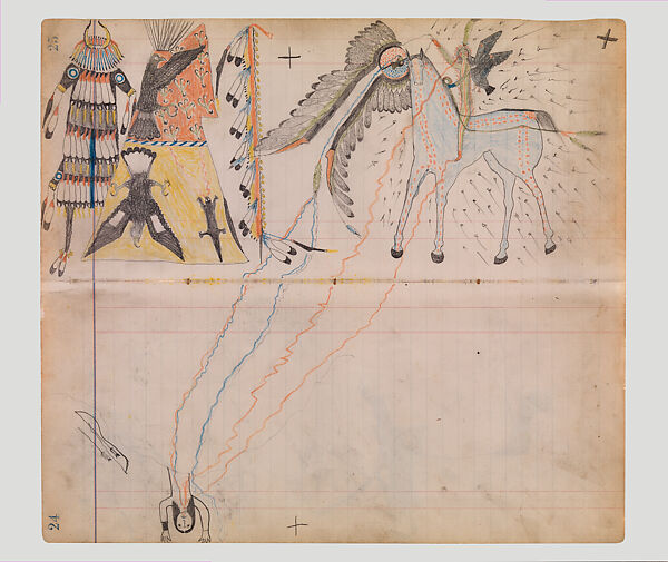 A Warrior's Vision, Attributed to Henderson Ledger Artist B (Southern Arapho), Pencil, colored pencil, and ink on paper, Southern Arapaho, Native American 