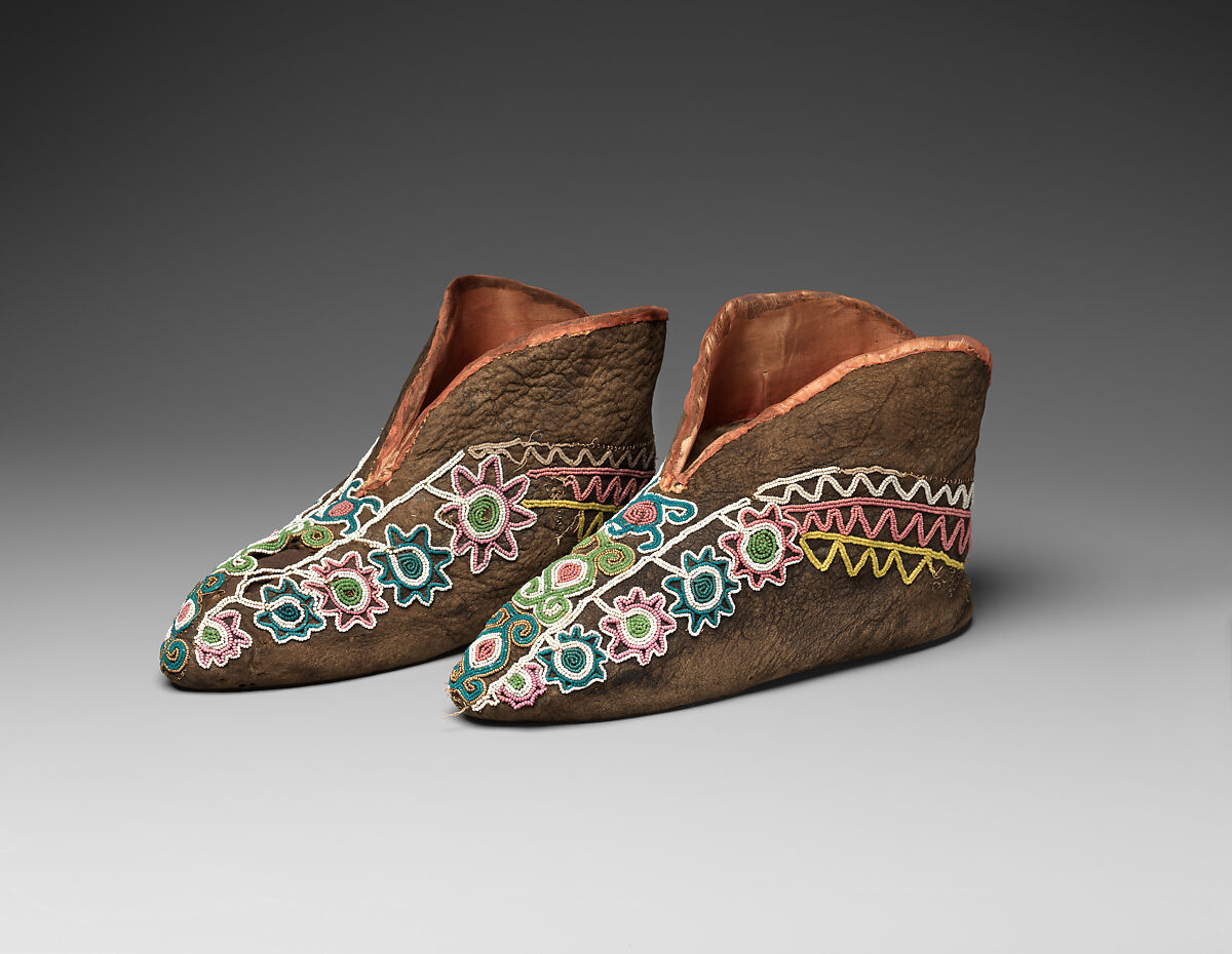Moccasins, Tanned leather, dye,  cotton cloth, silk ribbon, and glass and metal beads, Muscogee/ Creek, Native American