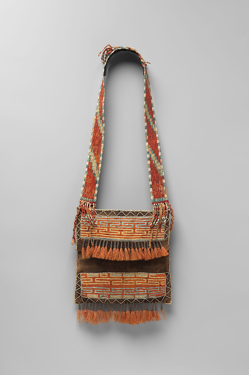 Shoulder bag, Tanned leather, porcupine quills, dye, metal cones, deer hair, vegetal fiber, and wool yarn, Anishinaabe, probably Ojibwa, Native American 