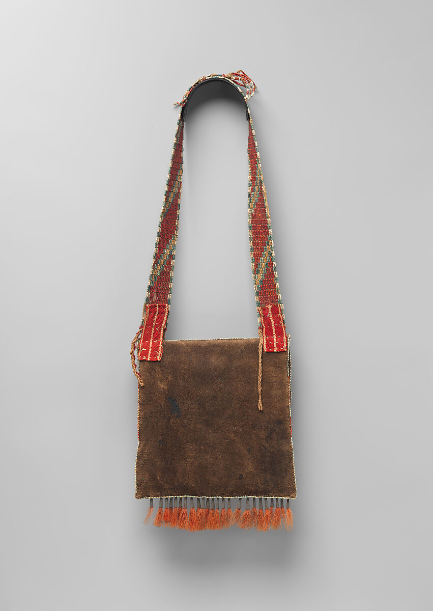 Shoulder bag, Tanned leather, porcupine quills, dye, metal cones, deer hair, vegetal fiber, and wool yarn, Anishinaabe, probably Ojibwa, Native American