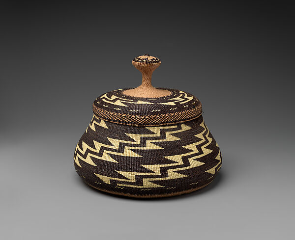 Gift basket, Elizabeth Hickox (Wiyot-Karuk, 1875–1947), Conifer root, hazel shoots, maidenhair stems, bear grass, and dyed porcupine quills, Wiyot and Karuk, Native American