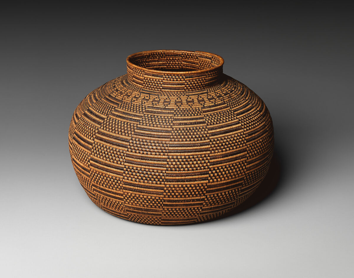 Basket jar, Sumac shoots and dyed and undyed juncus stems, Chumash, Native American