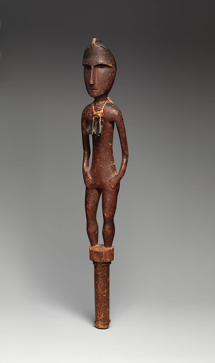 Guardian figure staff, Conifer wood, deer hooves, pigment, and vegetal fiber, Lower Chehalis or Quinault, Native American