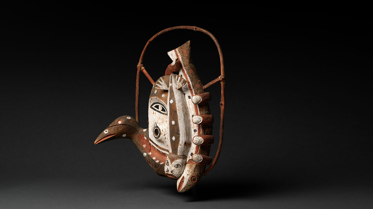 Mask, Wood, pigment, and vegetal fiber, Yup'ik, Native American