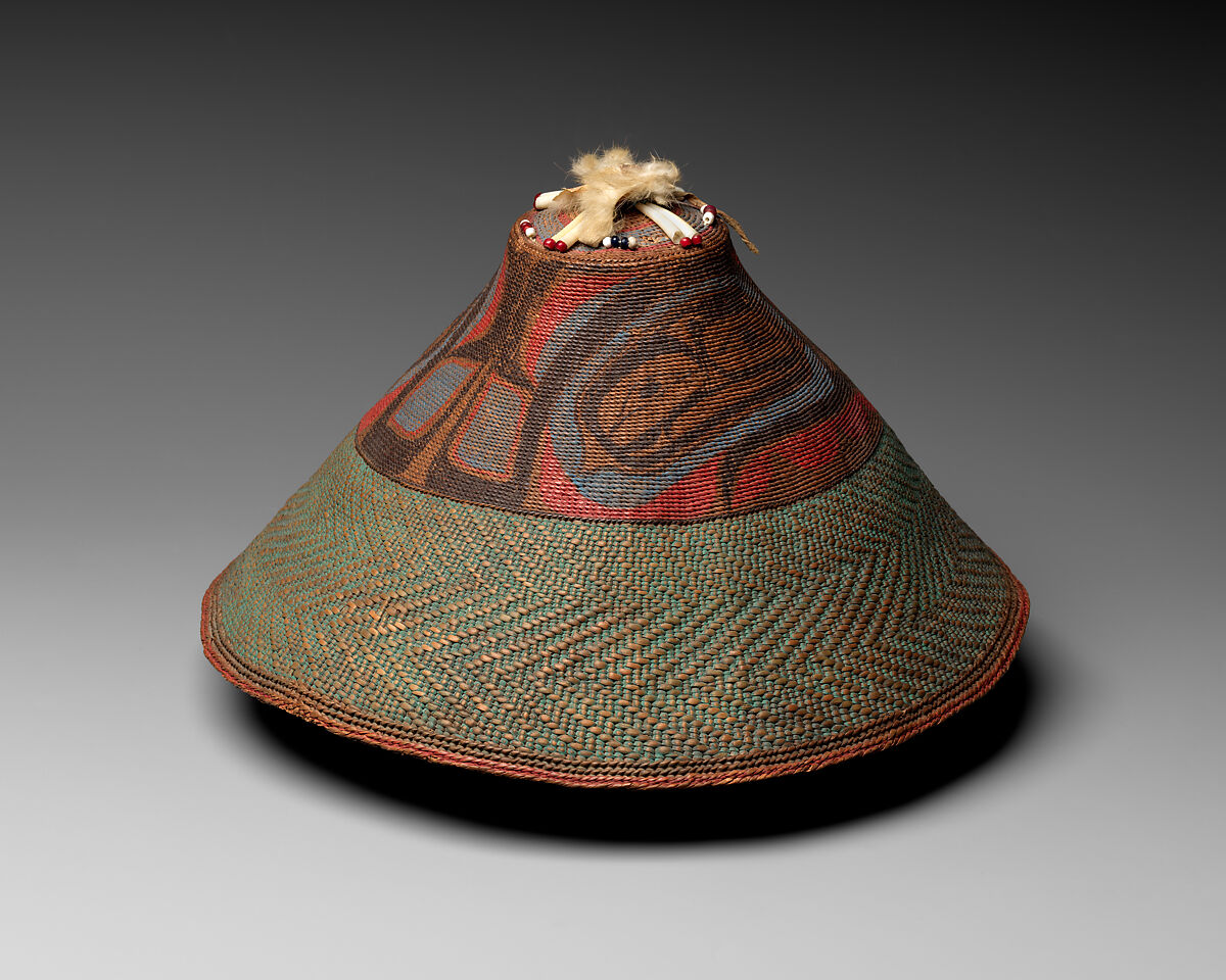 Hat, Spruce root, shell, ermine, glass beads, pigment, cotton cloth, and tanned leather, 
Chugach, Native American 