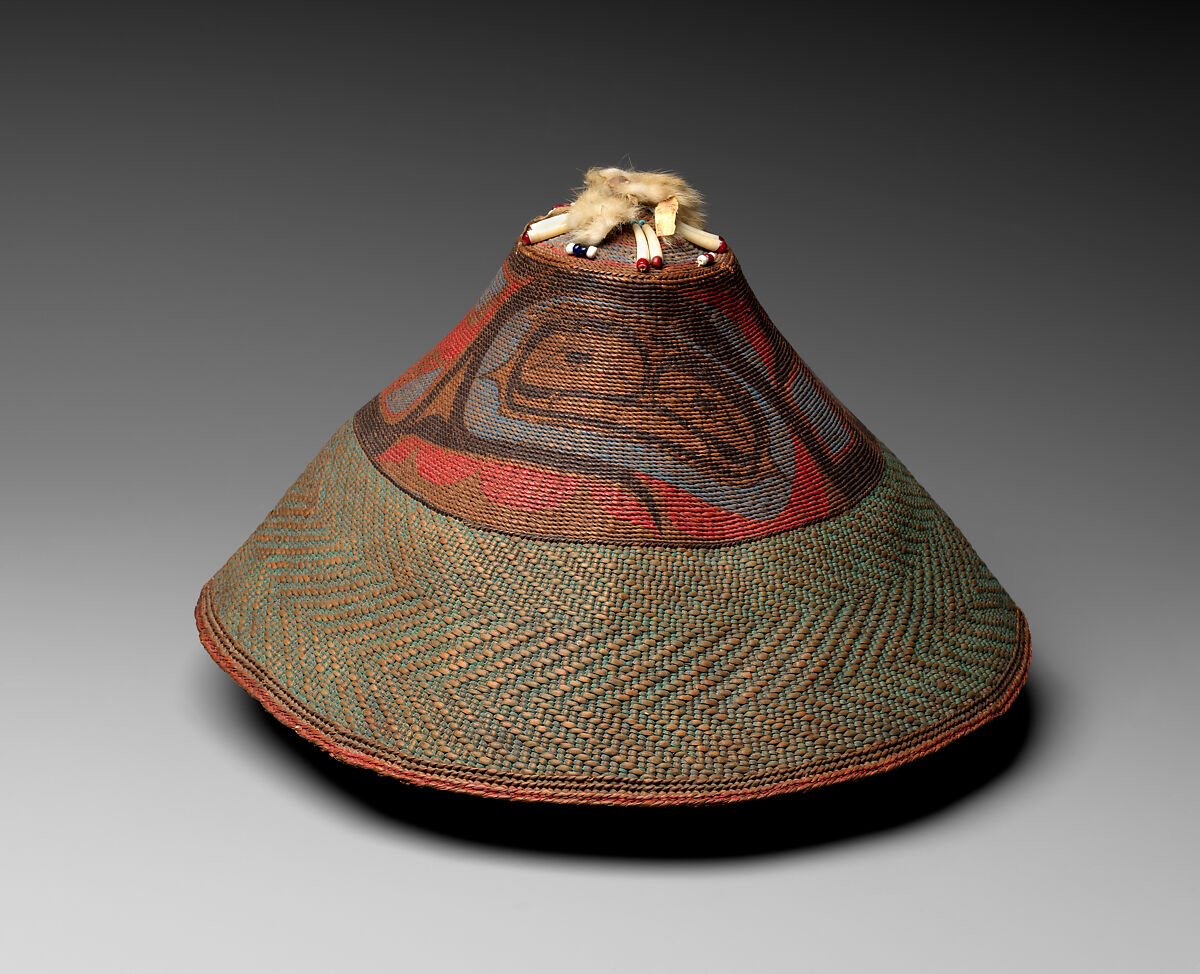 Hat, Spruce root, shell, ermine, glass beads, pigment, cotton cloth, and tanned leather, Tlingit