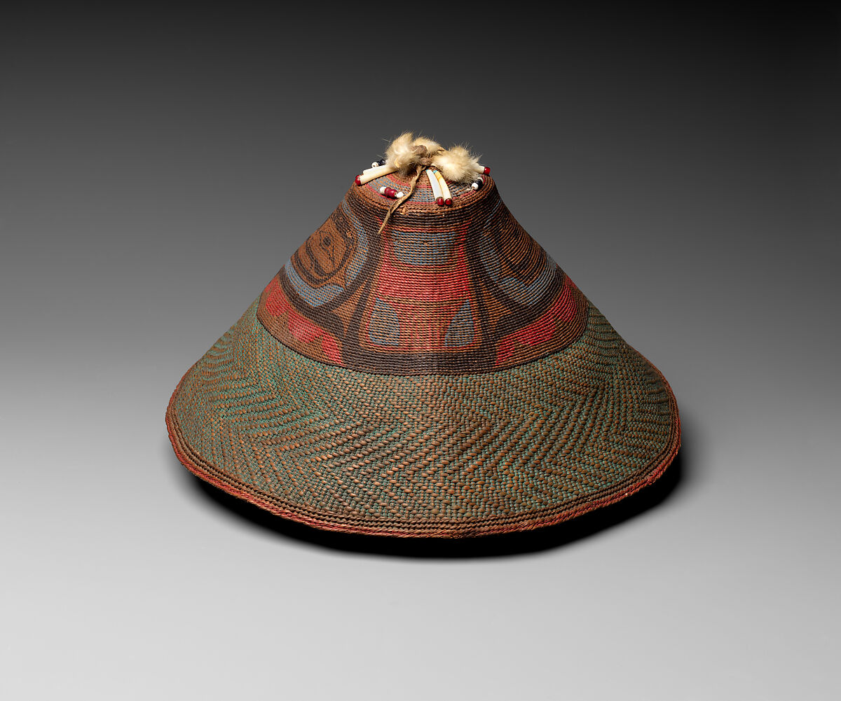 Hat, Spruce root, shell, ermine, glass beads, pigment, cotton cloth, and tanned leather, Tlingit