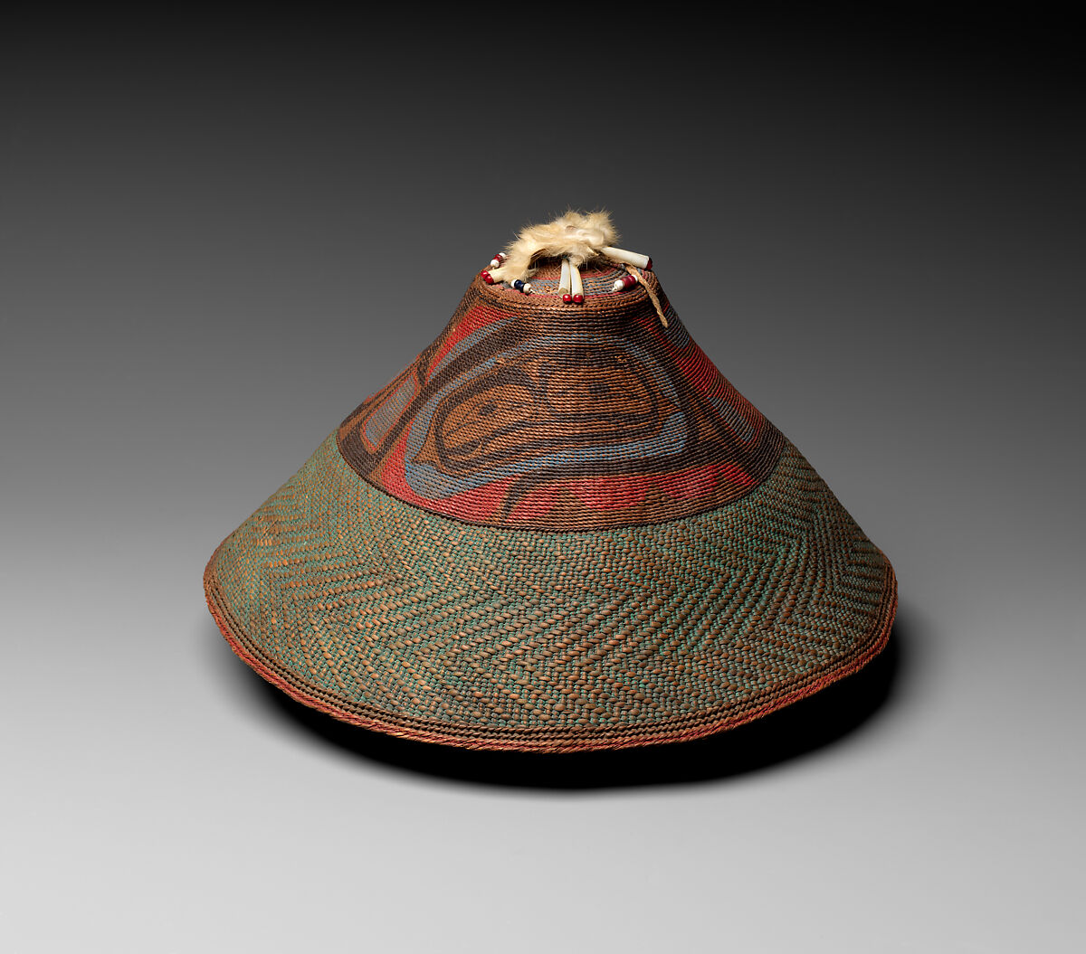 Hat, Spruce root, shell, ermine, glass beads, pigment, cotton cloth, and tanned leather, Tlingit
