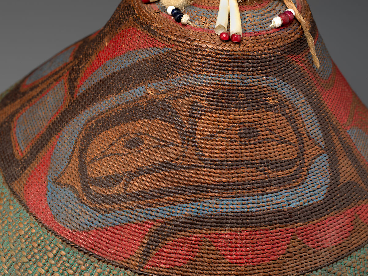 Hat, Spruce root, shell, ermine, glass beads, pigment, cotton cloth, and tanned leather, Tlingit
