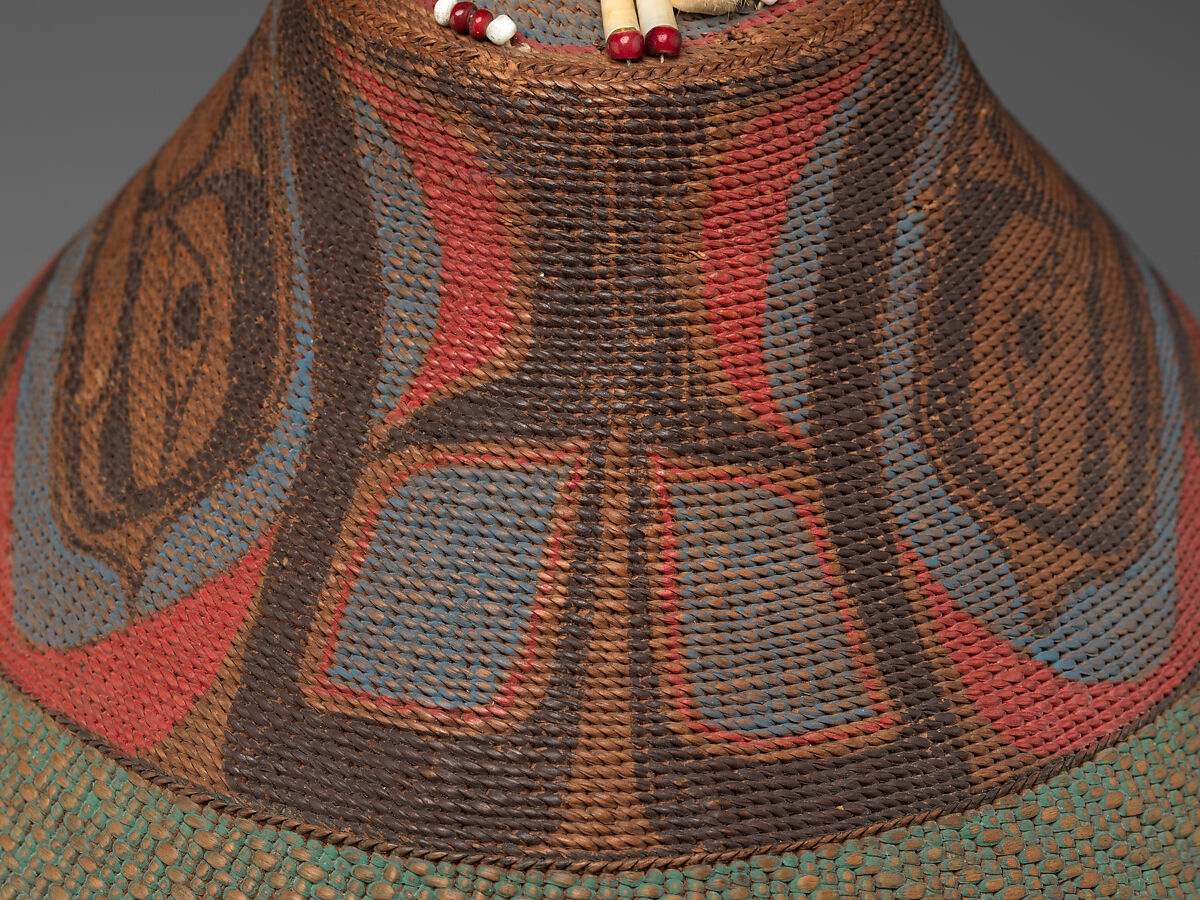 Hat, Spruce root, shell, ermine, glass beads, pigment, cotton cloth, and tanned leather, Tlingit