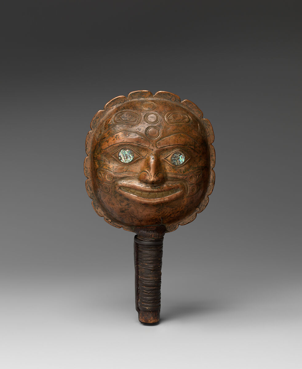 Rattle, Copper, wood, tanned leather, abalone shell, and horn, Tlingit, Native American