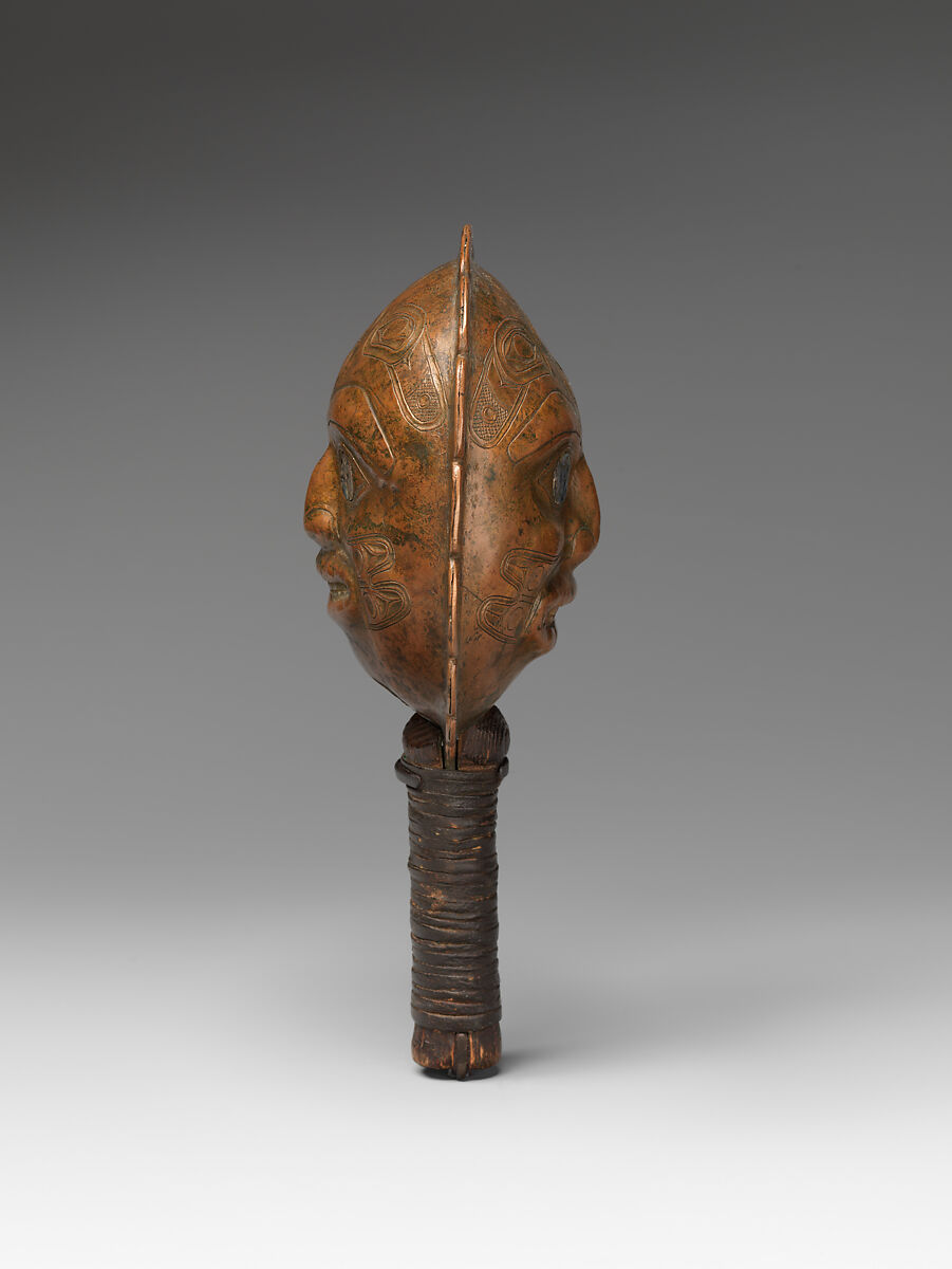 Rattle, Copper, wood, tanned leather, abalone shell, and horn, Tlingit, Native American