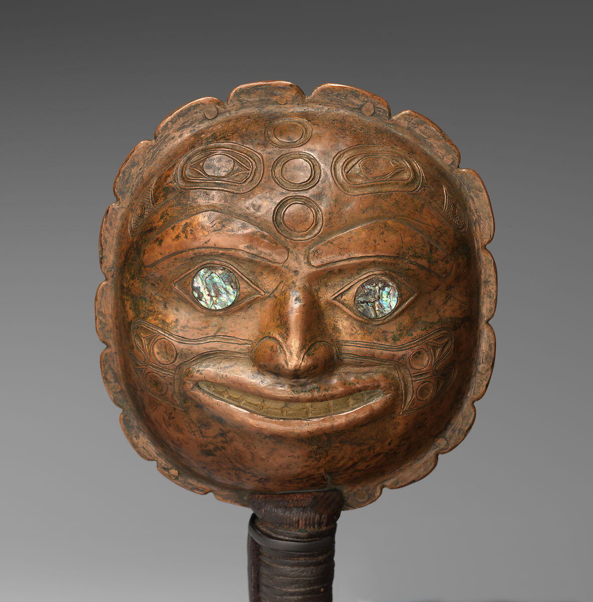 Rattle, Copper, wood, tanned leather, abalone shell, and horn, Tlingit, Native American