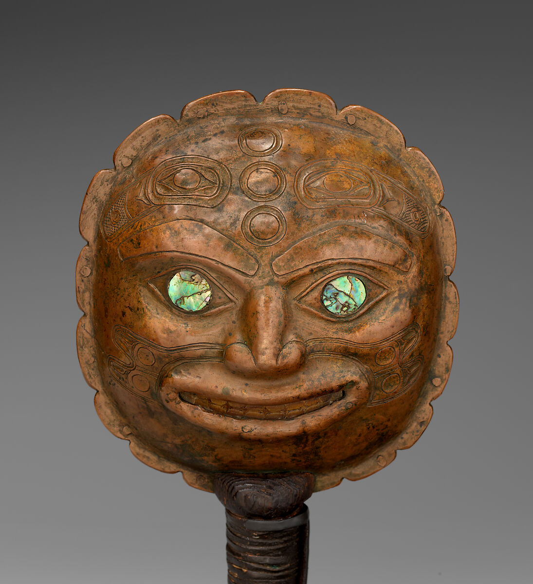 Rattle, Copper, wood, tanned leather, abalone shell, and horn, Tlingit, Native American