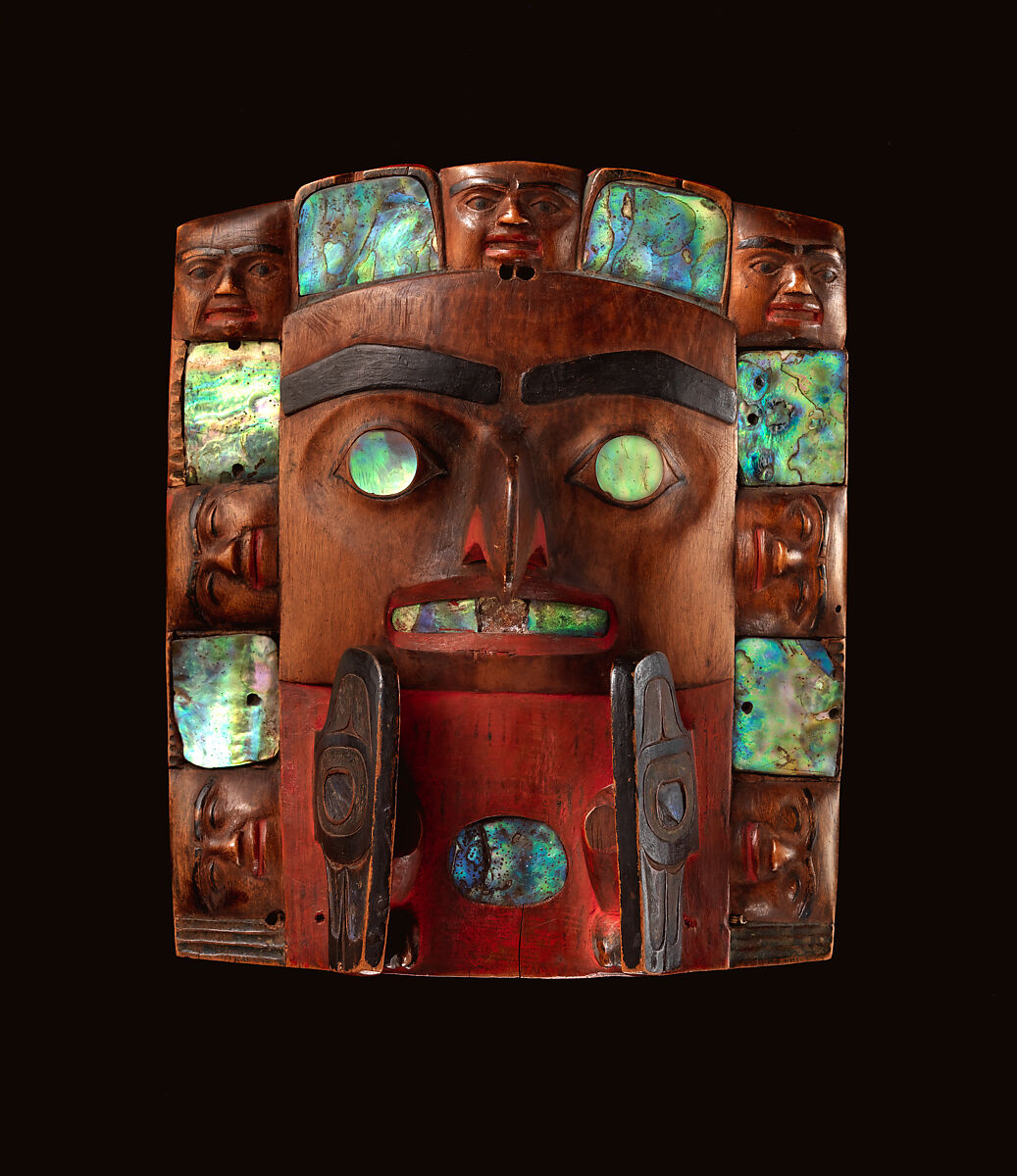 Headdress frontlet, Wood, abalone shell, pigment, and nails, Tsimshian
, Native American