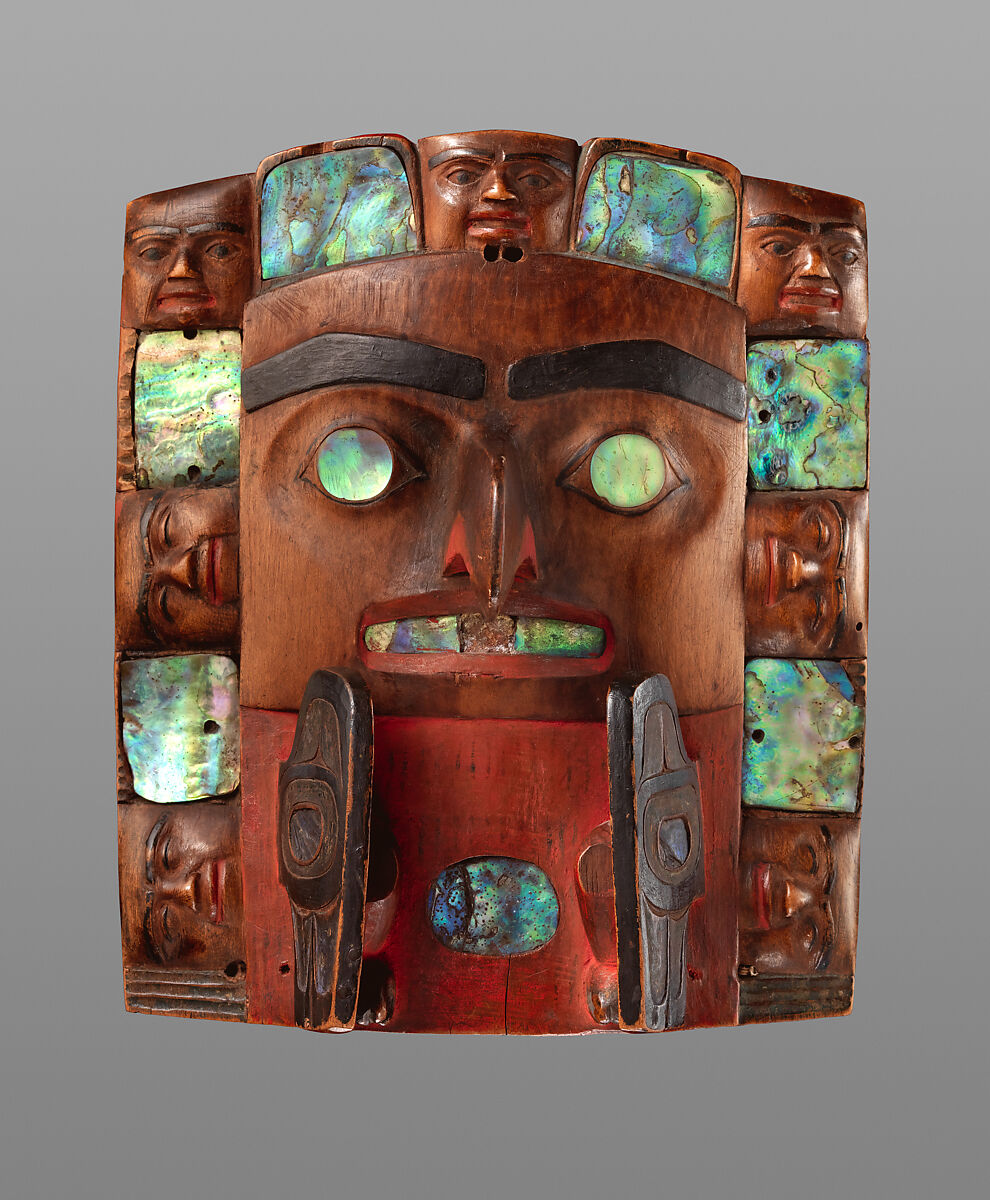 Headdress frontlet, Wood, abalone shell, pigment, and nails, Tsimshian
, Native American