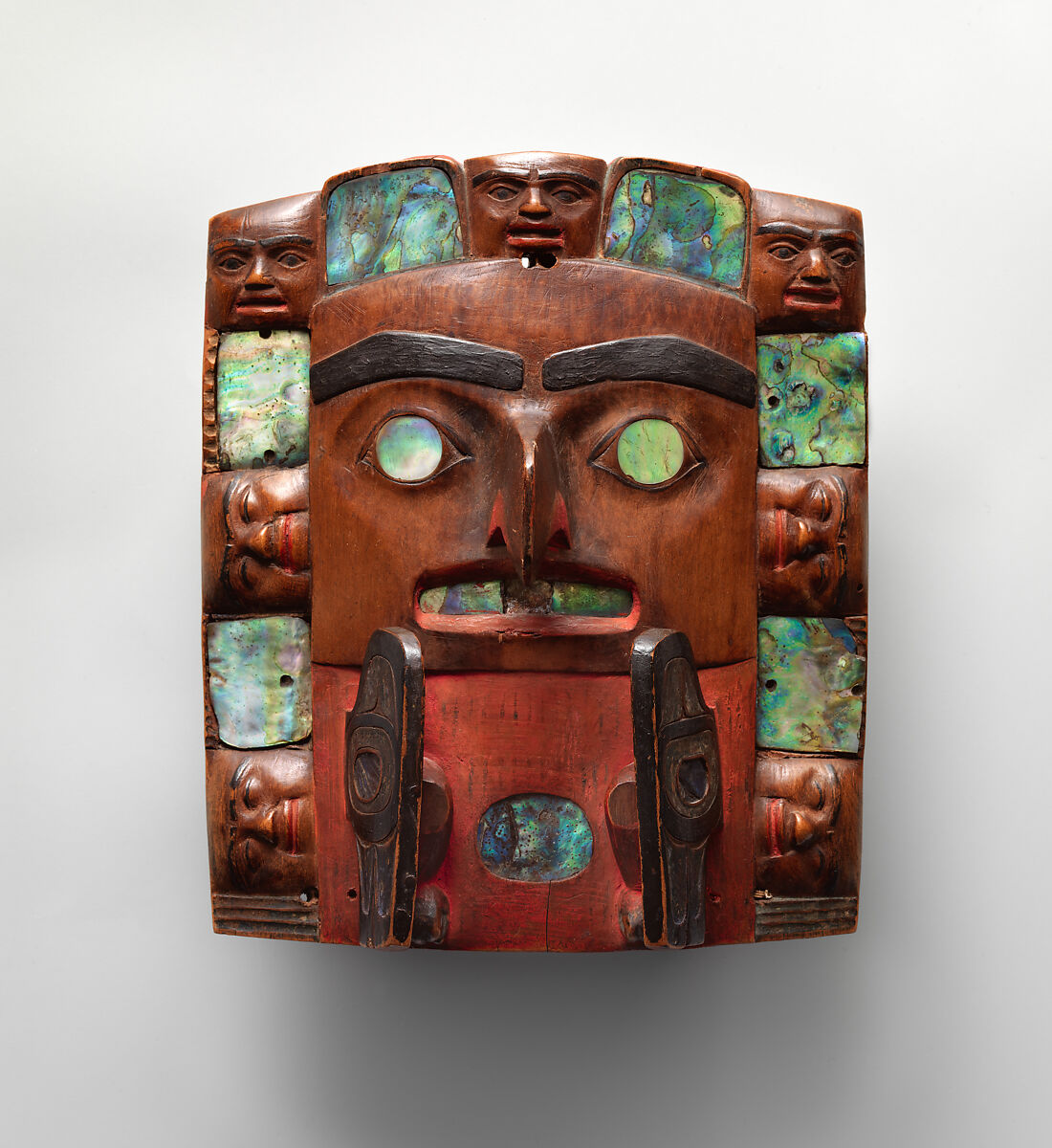 Headdress frontlet, Wood, abalone shell, pigment, and nails, Tsimshian
, Native American
