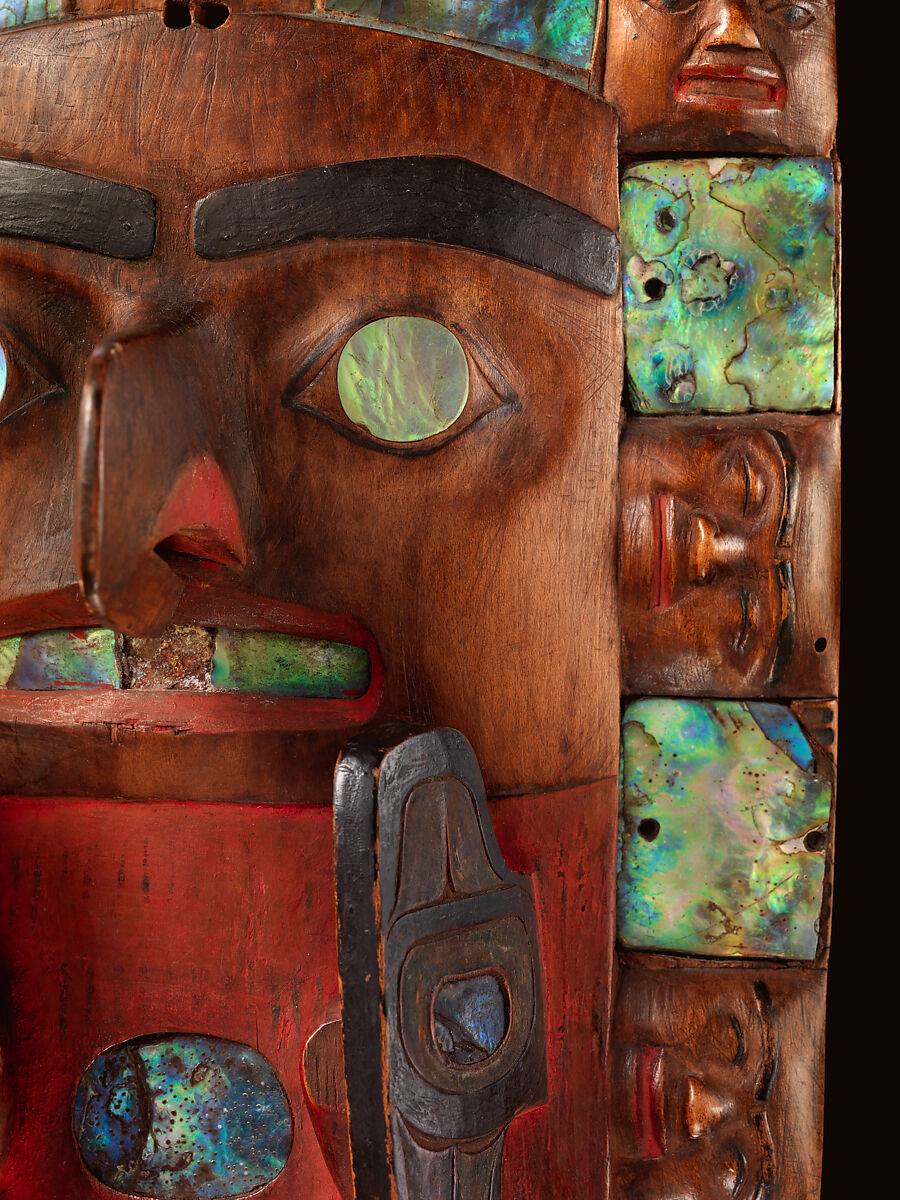 Headdress frontlet, Wood, abalone shell, pigment, and nails, Tsimshian
, Native American