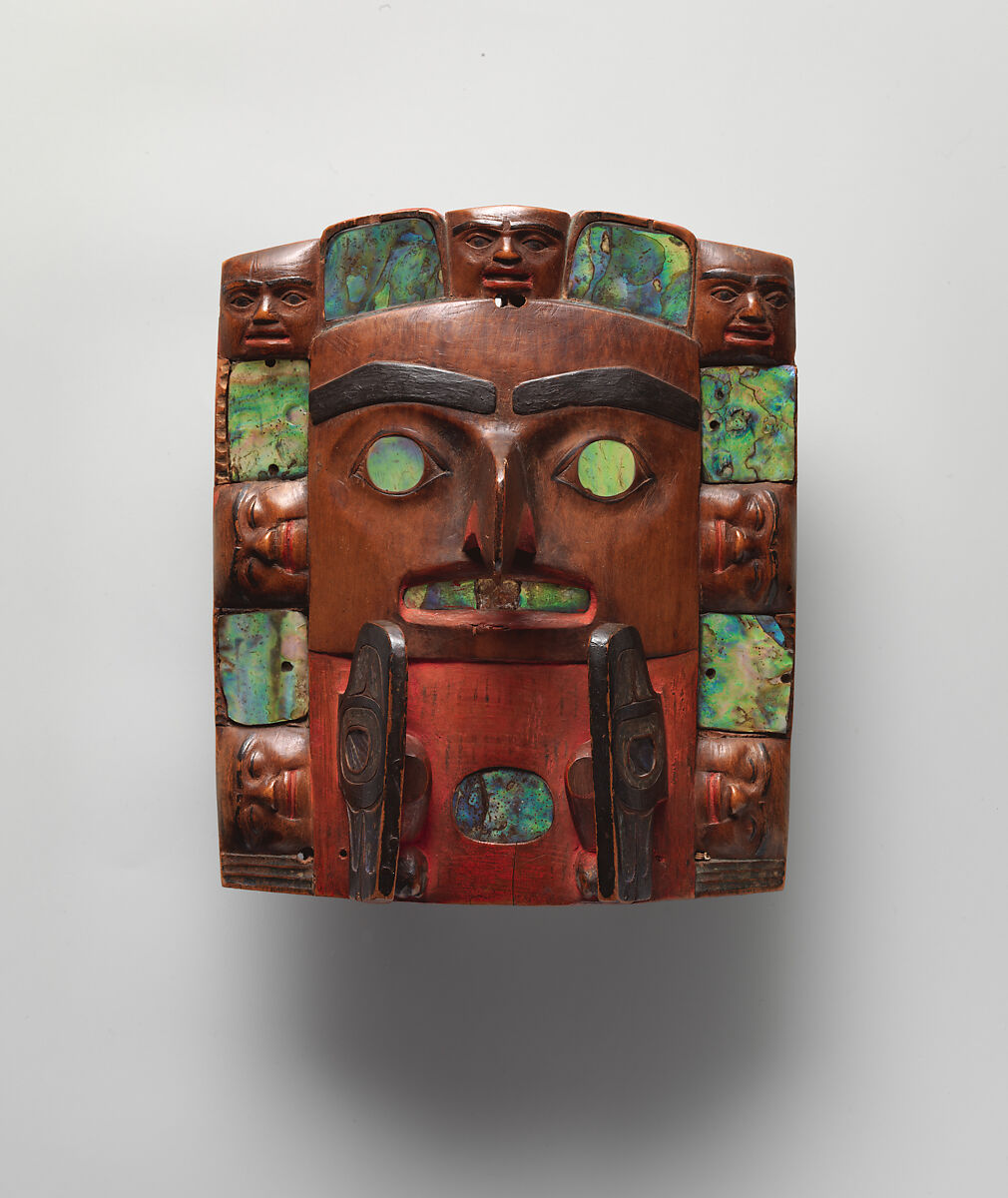 Headdress frontlet, Wood, abalone shell, pigment, and nails, Tsimshian
, Native American