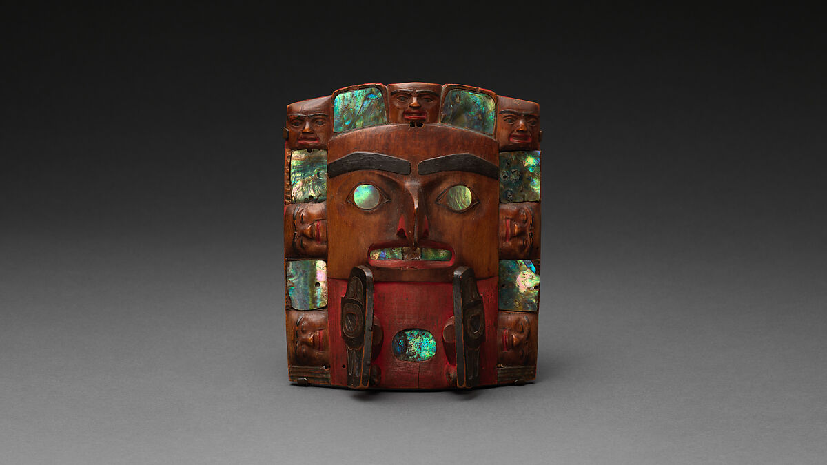 Headdress frontlet, Wood, abalone shell, pigment, and nails, Tsimshian
, Native American