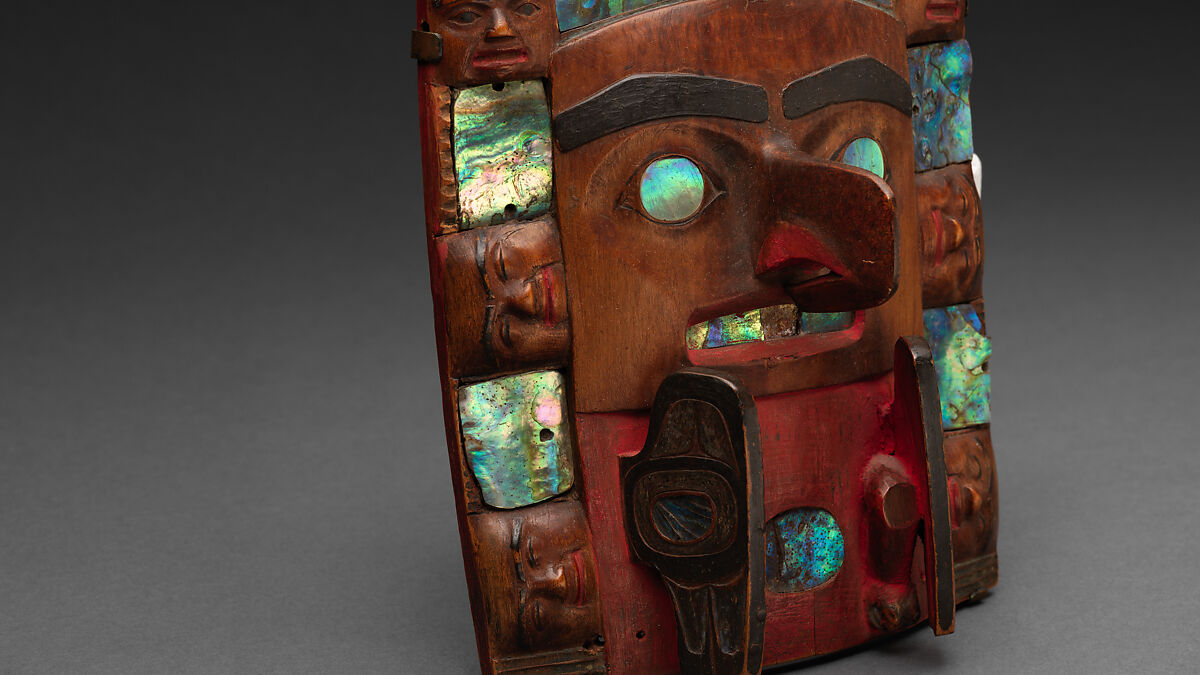 Headdress frontlet, Wood, abalone shell, pigment, and nails, Tsimshian
, Native American