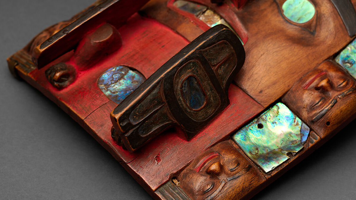 Headdress frontlet, Wood, abalone shell, pigment, and nails, Tsimshian
, Native American