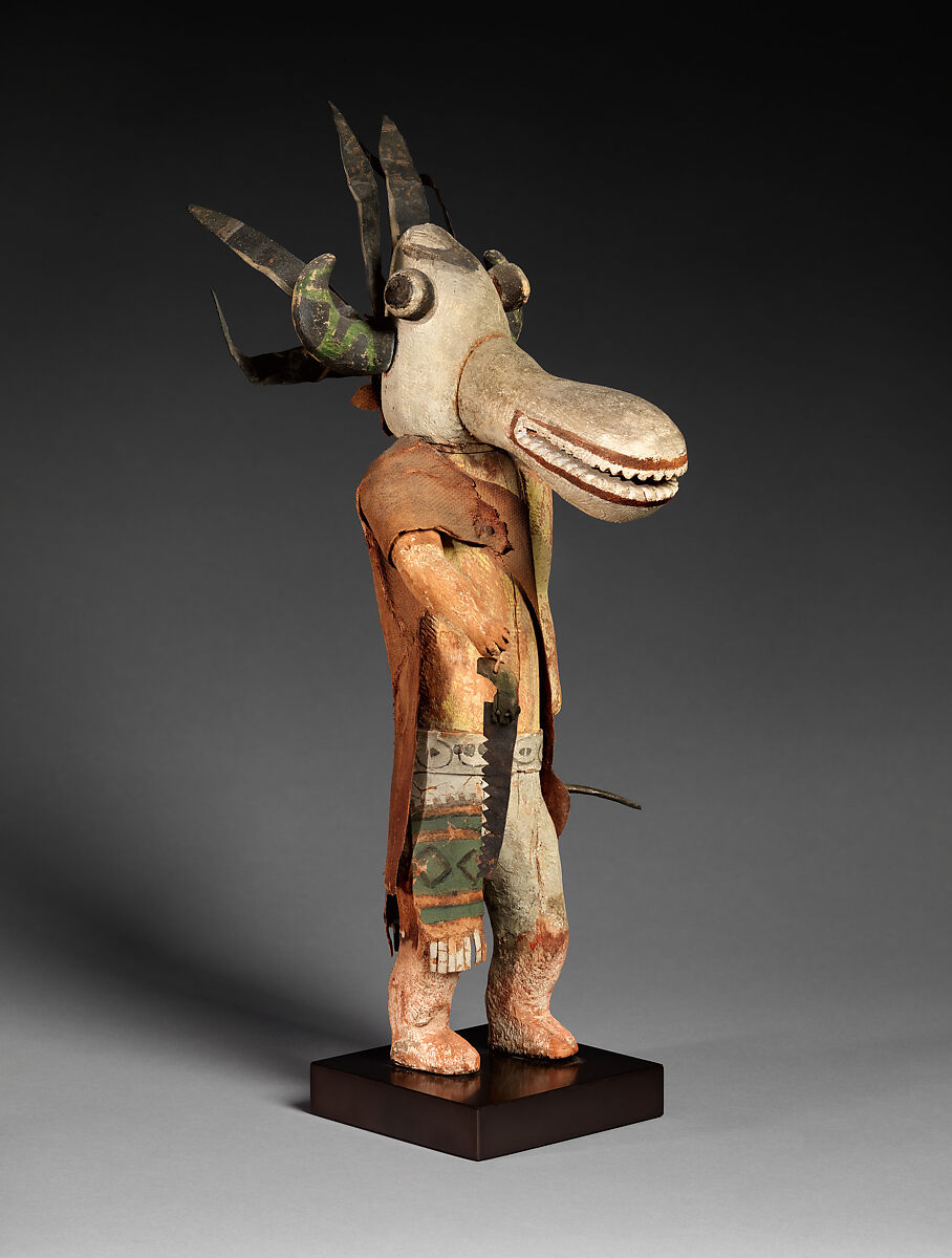 White Ogre Tihu (Katsina Figure), Cottonwood, pigment, cotton cloth, tanned leather, and metal, Hopi, Native American 