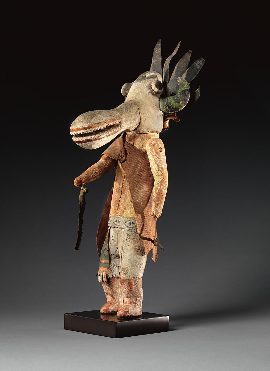 White Ogre Tihu (Katsina Figure), Cottonwood, pigment, cotton cloth, tanned leather, and metal, Hopi, Native American