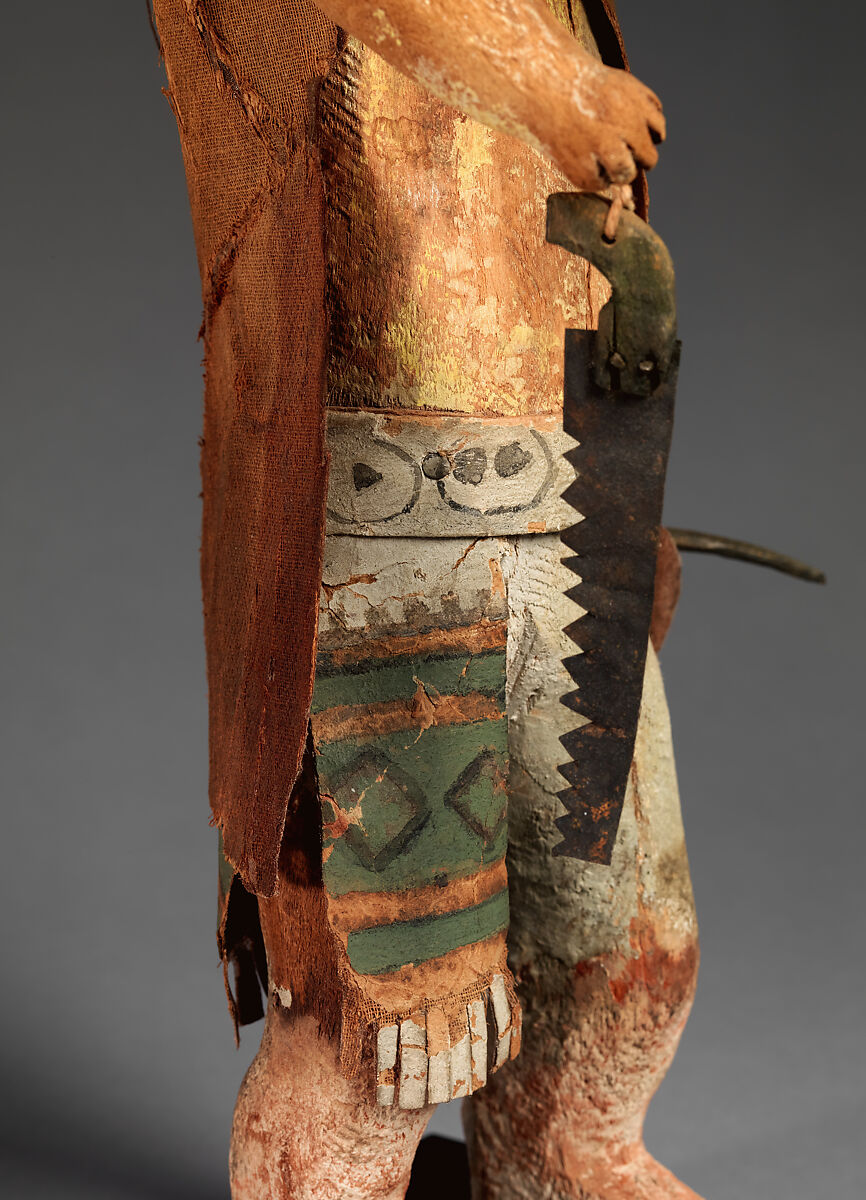 White Ogre Tihu (Katsina Figure), Cottonwood, pigment, cotton cloth, tanned leather, and metal, Hopi, Native American