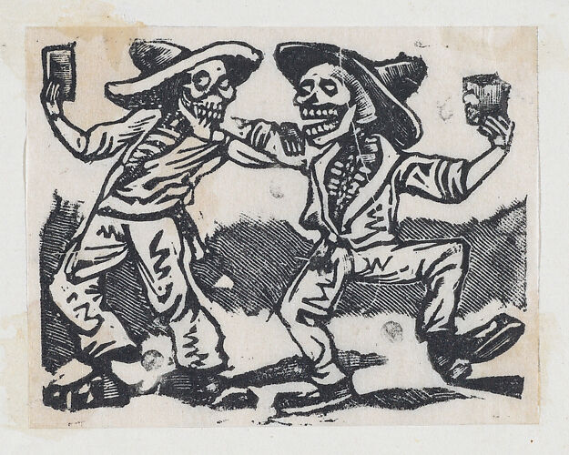 Two male skeletons in suits dancing (vignette for the feast of the dead)