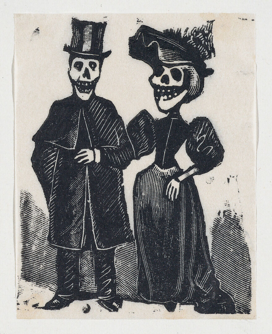 Elegantly dressed male and female skeletons arm in arm (vignette for the feast of the dead), José Guadalupe Posada (Mexican, 1851–1913), Type-metal engraving 