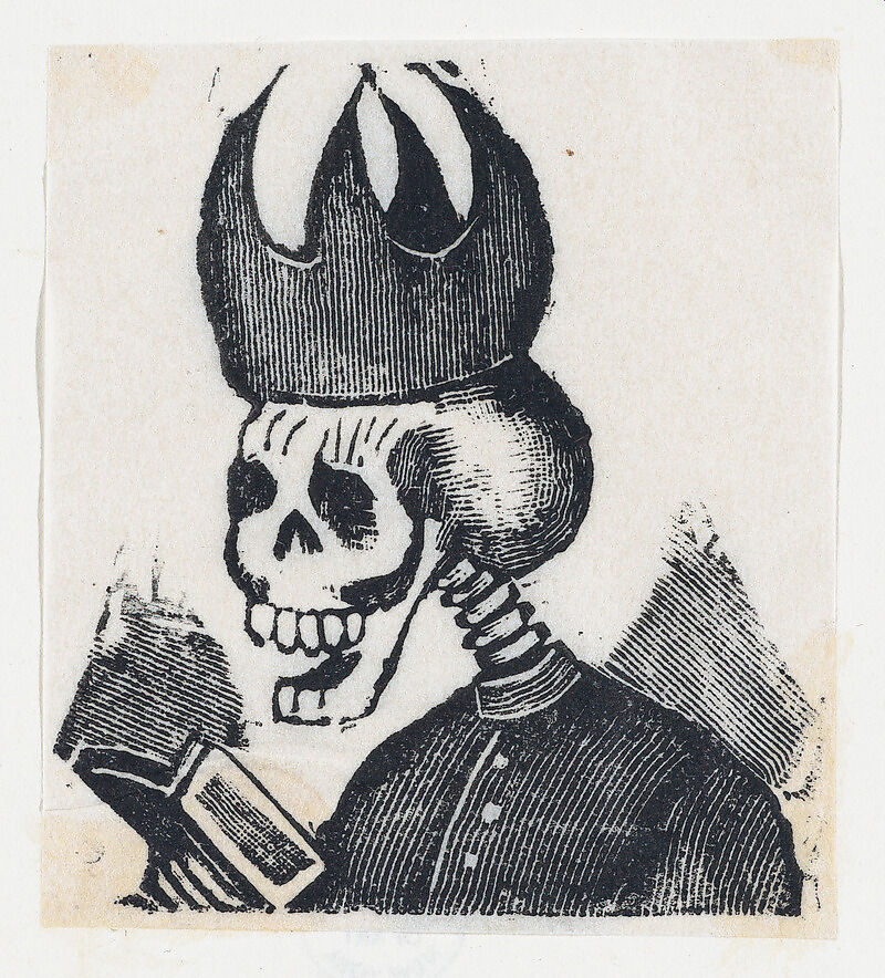 A skeleton wearing a bishop's mitre reading a book (vignette for the feast of the dead), José Guadalupe Posada (Mexican, Aguascalientes 1852–1913 Mexico City), Type-metal engraving 