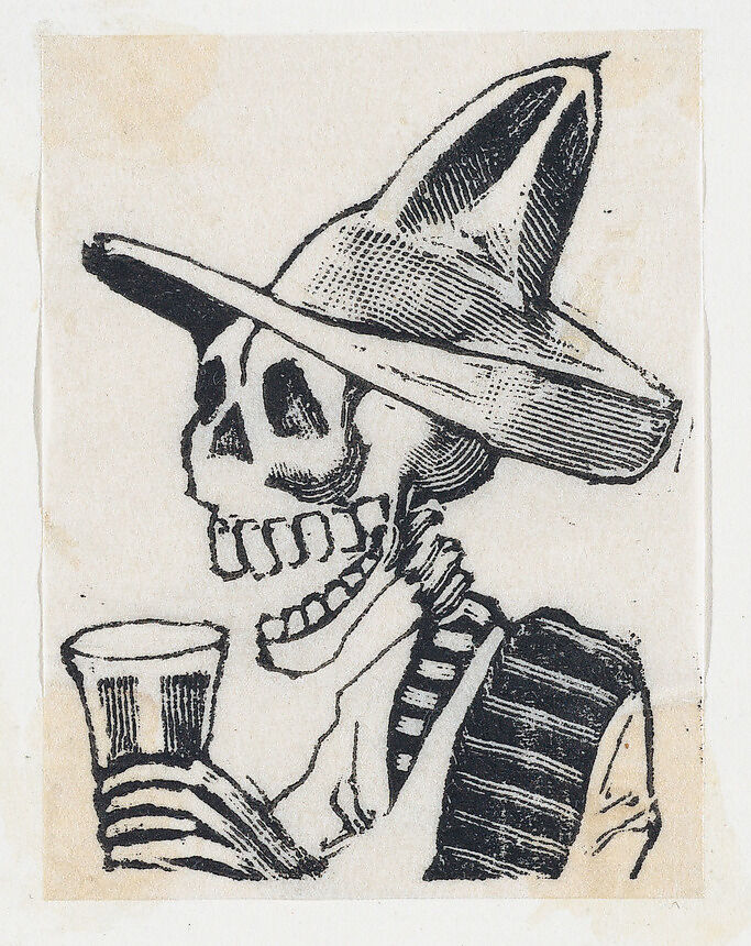 A skeleton wearing a hat having a drink (vignette for the feast of the dead), José Guadalupe Posada (Mexican, Aguascalientes 1852–1913 Mexico City), Type-metal engraving 