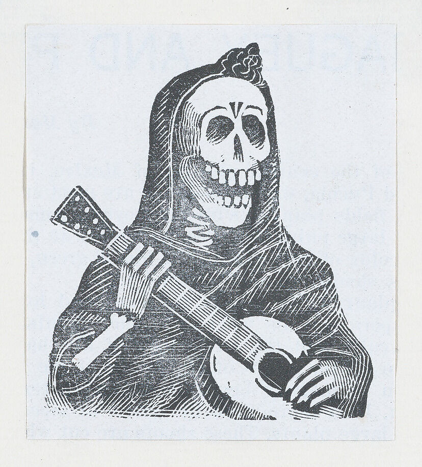 Female skeleton playing the guitar (vignette for the feast of the dead), José Guadalupe Posada (Mexican, Aguascalientes 1852–1913 Mexico City), Type-metal engraving (photomechanical reproduction?, letterpress on verso) 