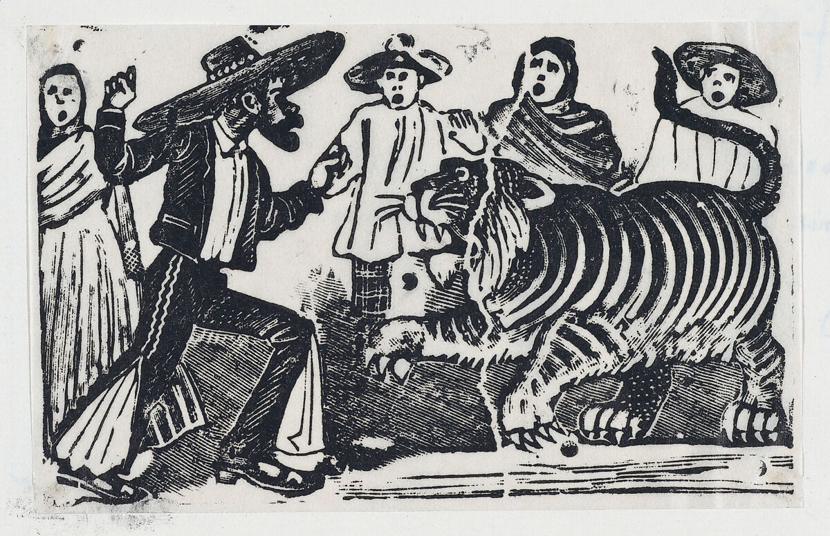 The brave man from Gaudalajara facing a tiger, José Guadalupe Posada (Mexican, Aguascalientes 1852–1913 Mexico City), Type-metal engraving 