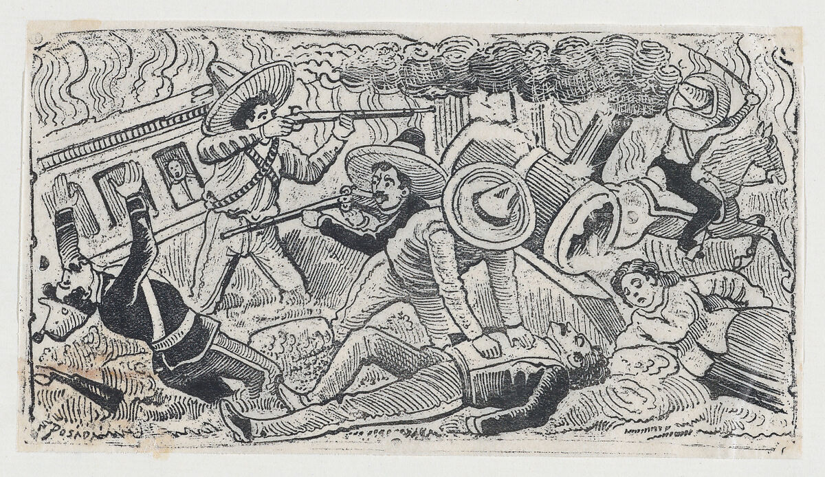 Emiliano Zapata's supporters attacking a train, scene from the Mexican Revolution, José Guadalupe Posada (Mexican, Aguascalientes 1852–1913 Mexico City), Zincograph 