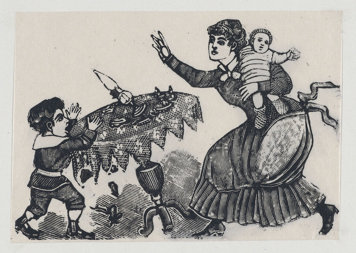 A child tipping over a table, his mother rushing to stop him, José Guadalupe Posada (Mexican, Aguascalientes 1852–1913 Mexico City), Type-metal engraving 