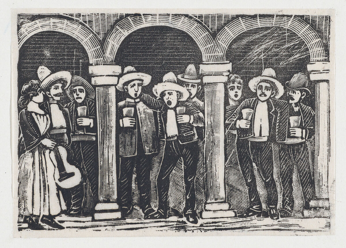Musicians standing in an arcade having a drink, José Guadalupe Posada (Mexican, Aguascalientes 1852–1913 Mexico City), Type-metal engraving 
